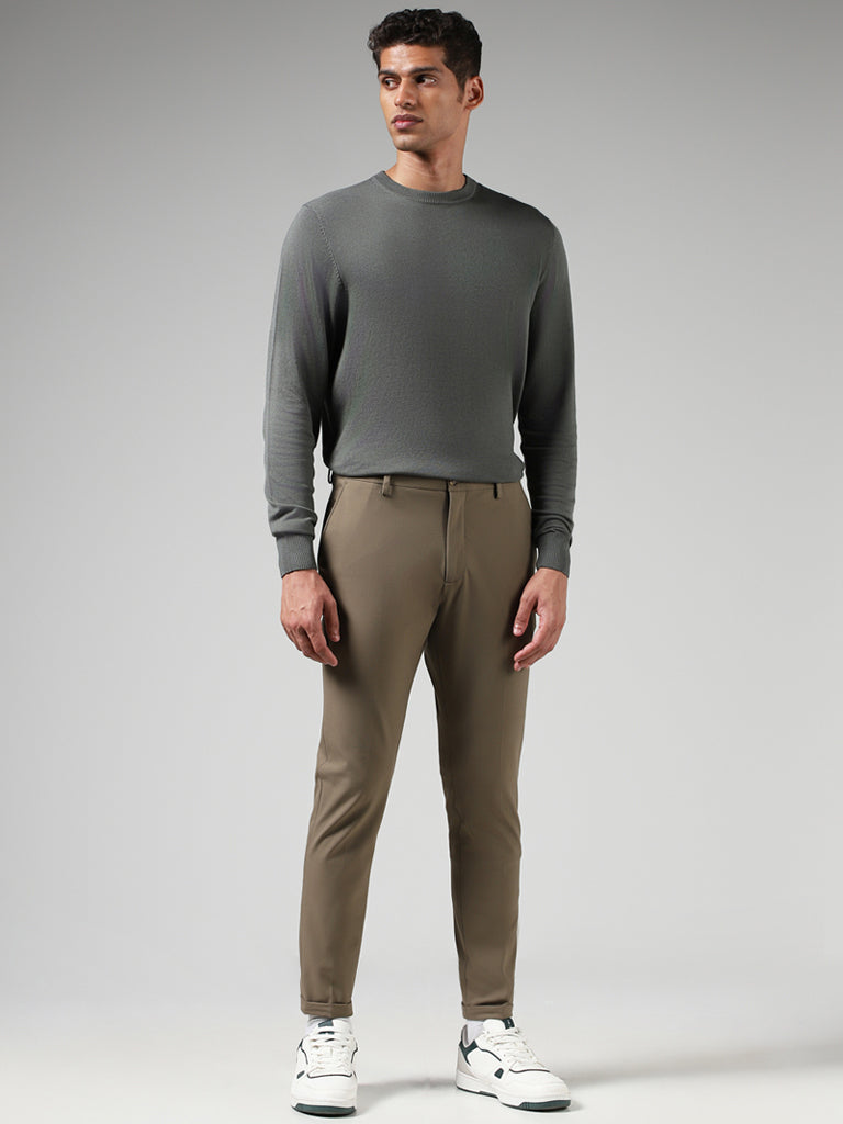 Buy WES Formals Solid Khaki Carrot Fit Trousers from Westside
